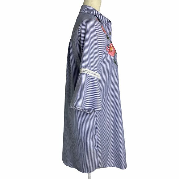 Embroidered Tunic Shirt Dress S Blue Striped Floral Button Down Bell Sleeves - Picture 5 of 8